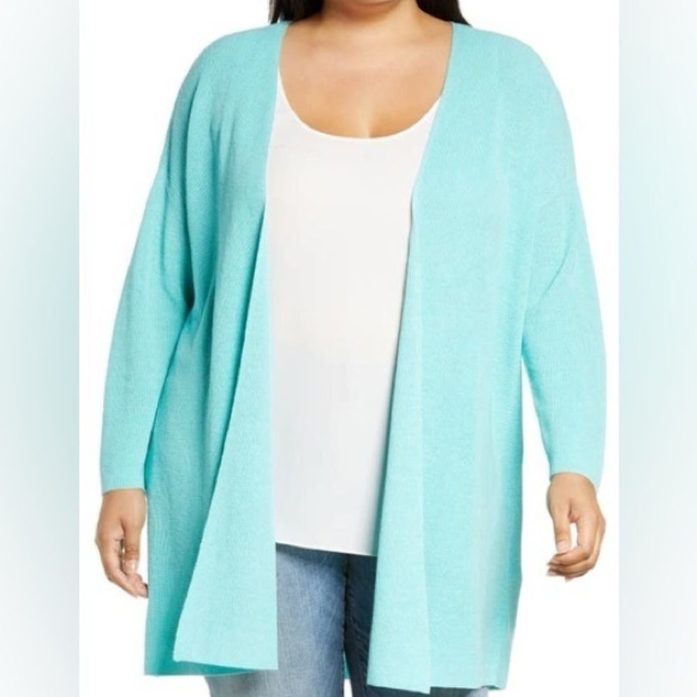 Eileen Fisher Organic Linen and Cotton Aqua Knit Long Line Knit Cardigan Sweater